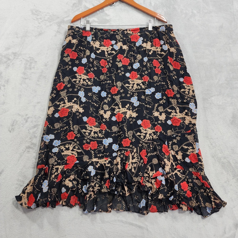 Vintage JM Collection Skirt Womens 20W Black Red Floral Ruffle Hem Chiffon Boho